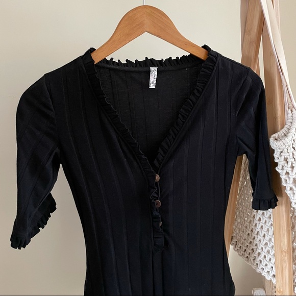 Free People Ruffle Ribbed Henley Bodysuit in Black - S - Picture 3 of 4